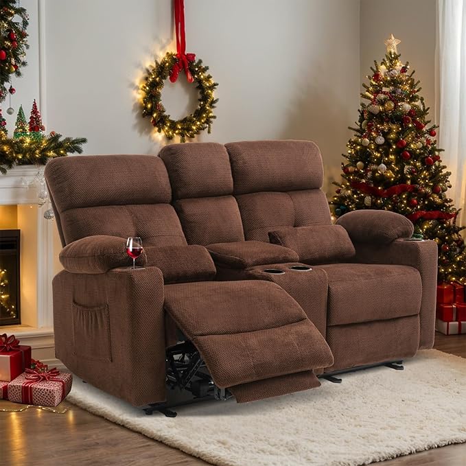 Power Reclining Loveseat with Console, Power Loveseat Recliner Sofa with Heat and Massage, Extended Footrest, Wall Hugger Recliner Loveseat with Lumbar Supports, Side Pockets for Living Room