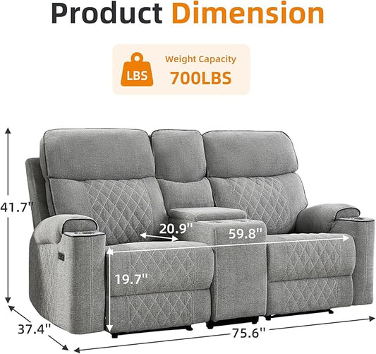 EBELLO Power Reclining Sofa Couch, Fabric Electric Recliner Loveseat Sofa with Cup Holders, USB Type-C Charging Ports and Storage Space, 2 Seats for Small Living Room, Bedroom and Meeting Room, Grey