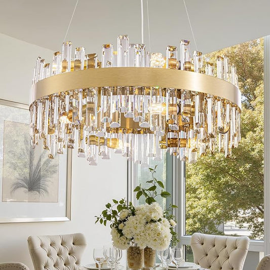 Gold Crystal Chandelier for Dining Room, 12-Light Modern Chandelier, 23.6-inch K9 Crystal Raindrop Ceiling Light, Luxury Flush Mount Light Fixture for Kitchen Living Room Entryway Bedroom