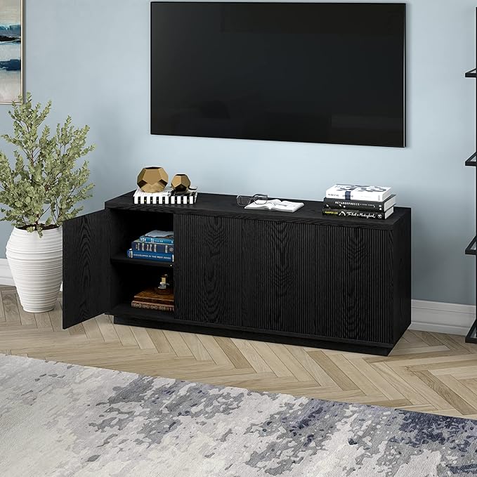 Henn&Hart Fluted TV Stand for TVs up to 65" with 2 Concealed Ribbed Storage Cabinets and Adjustable Shelves for Living Room, Family Room, or Office, Black Grain