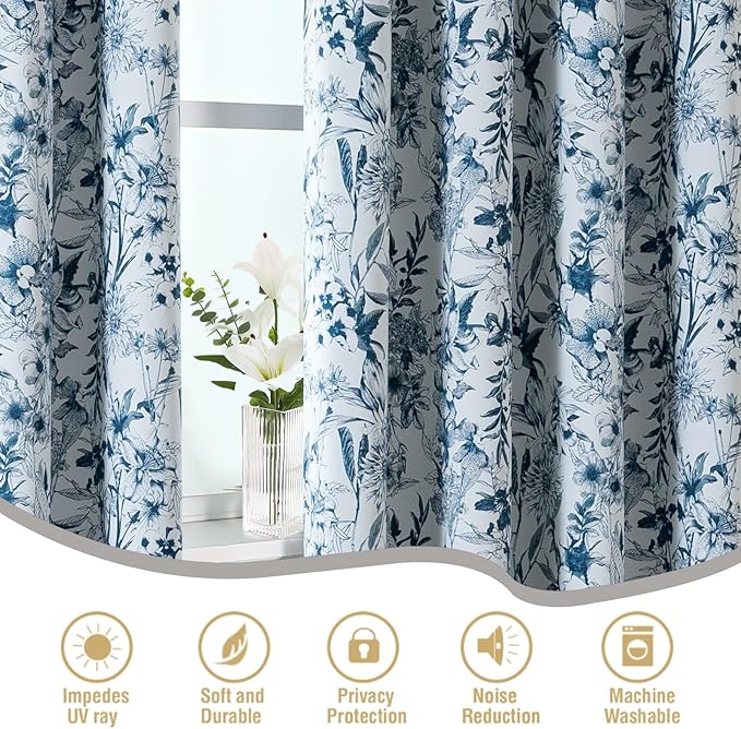 H.VERSAILTEX Blackout Curtains 96 Inch Length 2 Panels Set Floral Print Curtain Drapes for Living Room Thermal Insulated Grommet Window Curtains for Bedroom - French Jouy Flora in Stone Blue