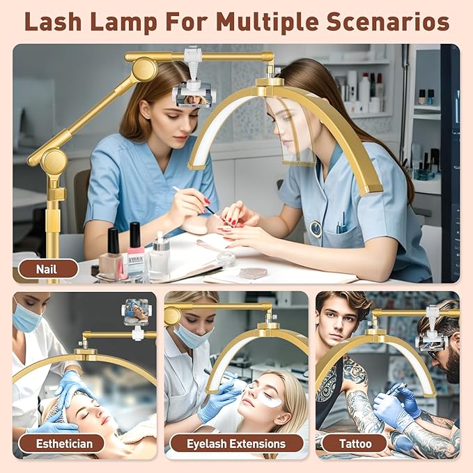 HITTI Half Moon Eyelash Extension Light, 4-Wheel Rolling Base, 3 Color Modes, Adjustable Brightness & Phone Holder 2026 LED Lash Tech Lamp for Beauty, Tattoo Artists, Skincare, SPA, Crafts - Glod
