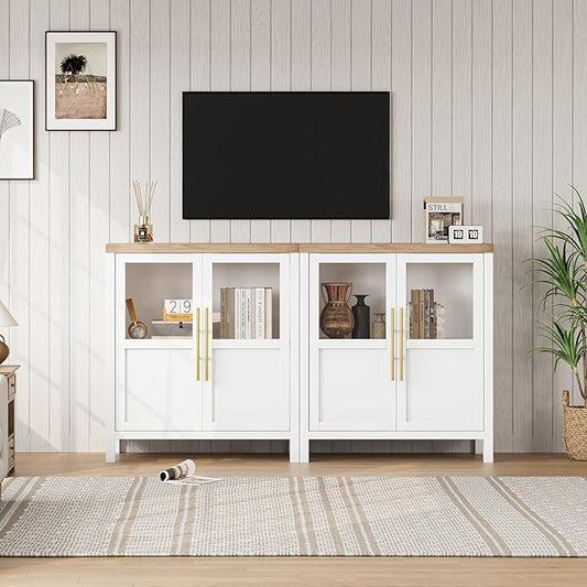 GarveeHome Sideboard Buffet Cabinet with 2 Glass Doors, 29.5 in Buffet Table Coffee Bar Wine Bar Display Cabinet for Kitchen Dining Room, Living Room (Glass with 2 Doors, White)