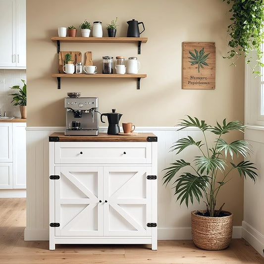 YESHOMY Coffee Bar and Accent Cabinet, Farmhouse Barn Door Buffet Sideboard with Drawer and Adjustable Shelf, Wide Desktop for Kitchen, Dining Room, Bathroom, Entryway, Rustic Brown & White