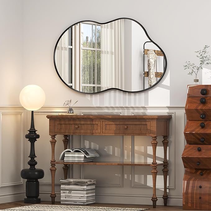 60x32 Black Matte Irregular Wall Mirror, Large Black Asymmetrical Bathroom Mirror, Decorative Aluminum Frame for Bathroom Bedroom, Shatterproof, Anti-Rust (Horizontally/Vertically)