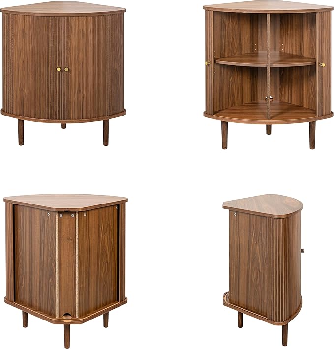 WERMO 30'' Corner Bar Cabinet with Sliding Doors - Angled Corner Cabinet Kitchen, Small Corner-Fitting Coffee and Wine Bar Sideboard Buffet for Kitchen, Dining Room, Living Room, Home Office (Walnut)