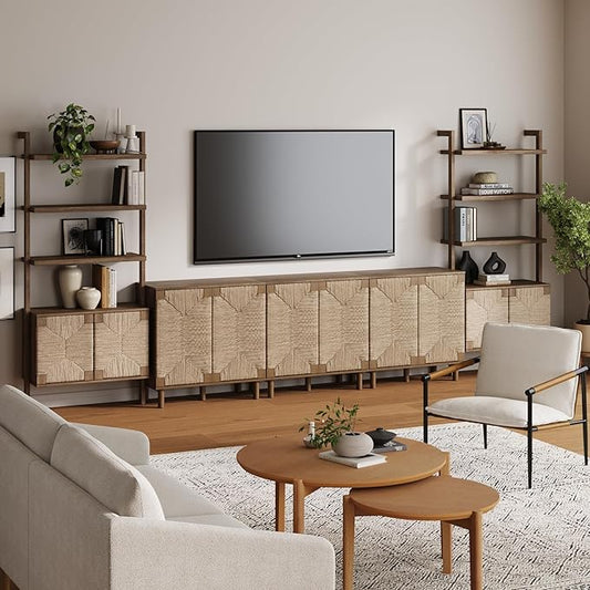 Nathan James Beacon Boho Seagrass Entertainment Center with Bookshelves and Storage Cabinet, Bookcase TV Stand Wall Unit, Fits TVs Up to 75 in. in Dark Brown Finish