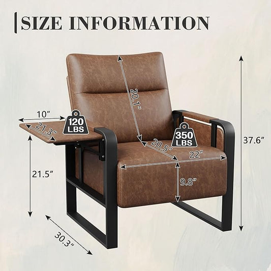 Upholstered Living Room Chair Armchair, Mid Century Faux Leather Metal Accent Chair, Reception Couch Office Guest Chair Slipper Club Lounge Single Sofa with Sidetable for Bedroom-Brown