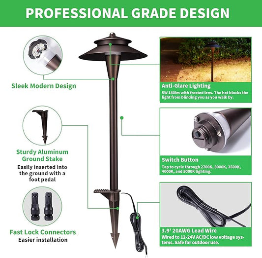 Outdoor Pathway Lights Wired 12V, 2700K/3000K/3500K/4000K/5000K Selectable Landscape Path Light LED, Waterproof Walkway Fixture Electric, ORB Aluminum for All Weather Garden Yard (6 Pack)