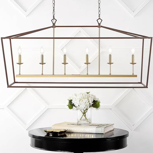 JONATHAN Y 49" Oil Rubbed Bronze/Brass Gold Lantern Pendant Light, 1-Light Pagoda Style Metal Cage Farmhouse Hanging Ceiling Fixture for Kitchen Island, LED Bulb Included (JYL7439D)