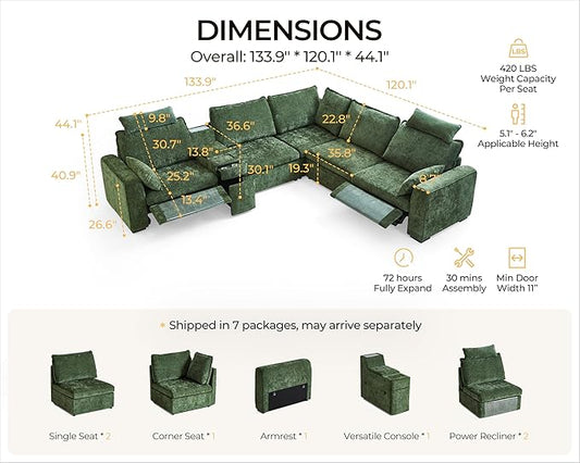 Oversized Modular Sectional Sofa with Double Power Recliner, Cloud Reclining Couch with Headrest, Storage Drawer Charging Cup Holders, Deep L-Shaped 6 Seater with Corner, Chenille, Green