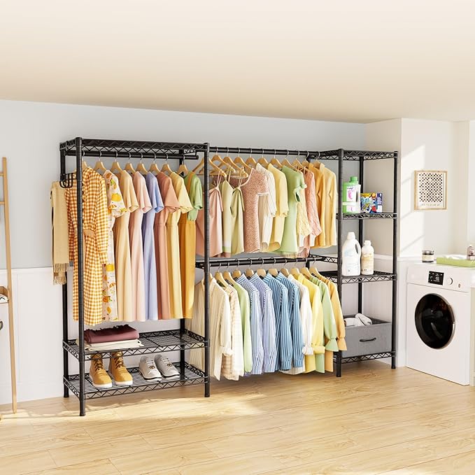 Coat Rack Clothes Wardrobe:Closet Organizer and Storage Clothing Garment Rack with Shelves Heavy Duty for Hanging Clothes Portable Adjustable Black 15.8" Dx(70-88.5)" Wx76.5 H