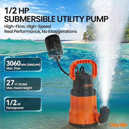 Cleartide Submersible Sump Pump with Tethered Float Switch, 1/2 HP Utility Water Pump, Electric Drain Pump Handles 3/8" Solids, 10 FT Cord