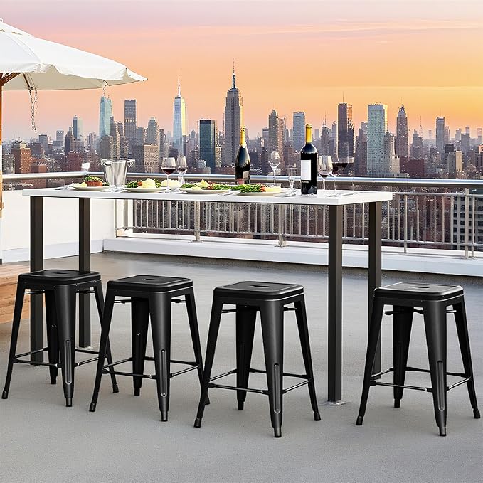 Sweetcrispy Metal Bar Stools Set of 4, 24 Inch Stackable Restaurant Classic Trattoria Metal Chairs, Backless Counter Height Barstool Chairs for Dining Room, Kitchen Island, Indoor Outdoor Use, Black