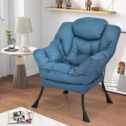 KOMFOTT Modern Accent Chair, Soft Upholstered Lazy Sofa with Side Pocket & Armrests, Single Sofa Armchair, Leisure Sofa Chair for Living Room, Bedroom, Navy