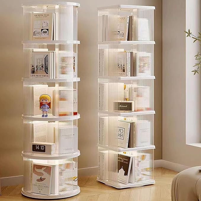 5 Tier Rotating Bookshelf Tower, 360° Rotating Bookshelf, Space Saving Rotating Bookshelves, Revolving Bookcase Suitable for Bedrooms, Living Rooms, Studies and Offices, White, Lazy Susan