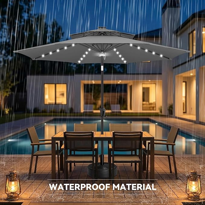 9FT Solar Umbrella Outdoor - 2-Tier Lighted Solar Patio Umbrella with 40 LED Lights Waterprool UV Protection, Table Umbrella with Tilt for Pool, Porch, Garden, Backyard (Anthracite)