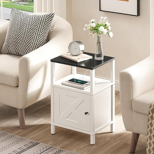 Set of 2 Farmhouse Nightstand with Charging Station, White Bedside Table with USB&Type-C Ports and Outlets, End Table with Storage, Night Stand for Bedroom, White and Black ETBW96E01S2