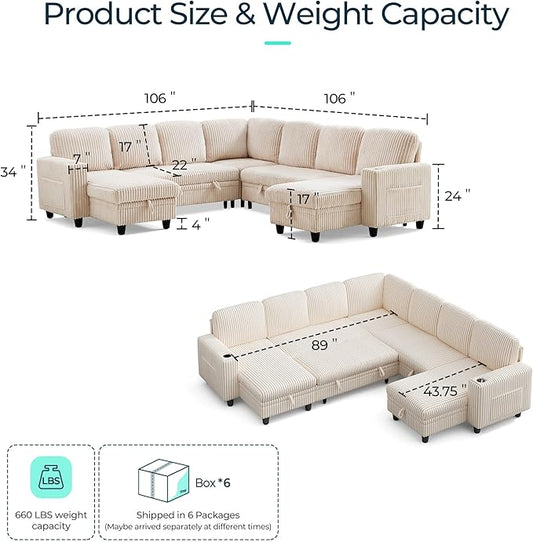 LINSY HOME Sectional Sleeper Sofa with Pull Out Couch Bed - Convertible Plush Corduroy Cloud Couches with Storage Chaise & USB Charging, Comfy Modular Couch for Living Room, Beige
