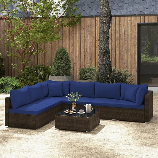 Tangkula 7 Piece Patio Wicker Furniture Set, Outdoor Rattan Sectional Sofa Set for 6 with Seat & Back Cushions, 2 Throw Pillows, Sofa Fastener Clips, for Backyard, Poolside, Deck (Mix Brown+Navy)