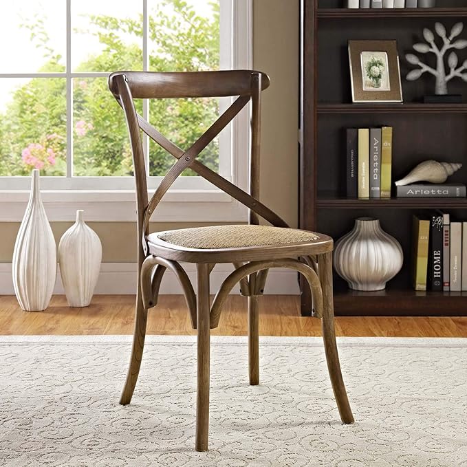 Modway Gear Rustic Modern Farmhouse Elm Wood Rattan Dining Chair in Walnut