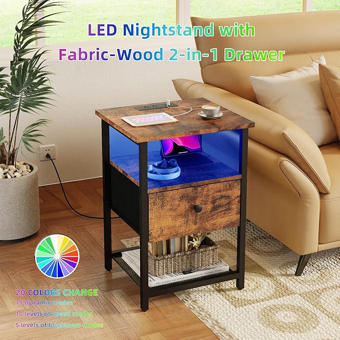 LED Nightstands Set of 2 with Charging Station, Bedside Tables with USB Ports and Outlets, End Table with Fabric-Wood 2-in-1 Drawer for Small Spaces, Vintage Side Table for Bedroom,Living Room