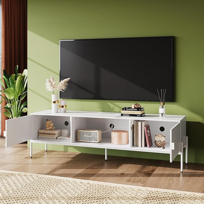 WLIVE TV Stand for 65 Inch TV, Mid Century Modern Entainment Center with 2 Storage Cabinets & Open Shelf, TV Console Table Media with Metal Legs for Living Room, Bedroom, White