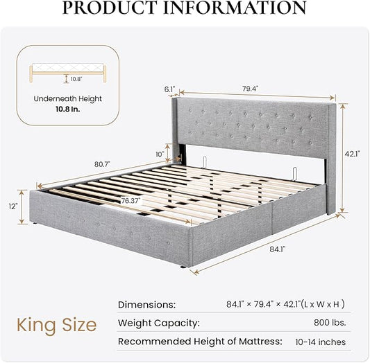 SHA CERLIN King Size Lift Up Storage Bed Frame,Button Tufted Wingback Headboard,Upholstered Platform,Hydraulic Storage,Wooden Slat Support,No Box Spring,Light Grey