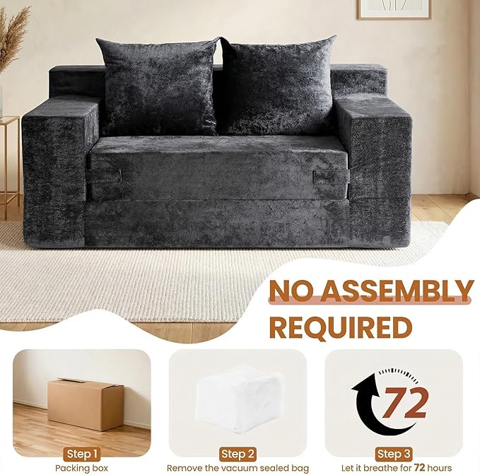 Convertible Sofa Bed, 5 in 1 Small Boneless Couch Pull Out Loveseat Sleeper Sofa,Corduroy Futon Couch Folding Mattress with 4 Pillows for Living Room (Dark Gray, Loveseat(Silky Velvet))