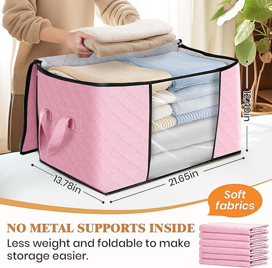 Fab totes 6 Pack Clothes Storage, Foldable Thick Fabric Blanket Storage Bags, Containers for Organizing Bedroom, Closet, Clothing, Comforter, Organization with Handle,Pink