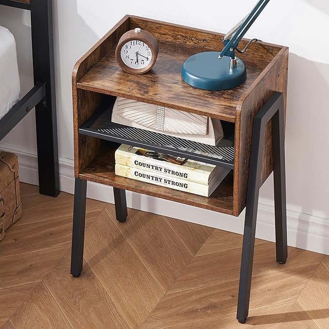 VECELO Industrial Nightstand Set of 2 Side End Table/Stackable Accent Furniture with 2-Tier Open Storage Compartments for Bedroom, Living Room and Small Spaces, 2 Pack, Rustic Brown