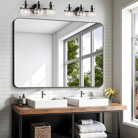 KOCUUY Black Mirror, 36x48 Inch Rectangle Bathroom Mirror with HD Tempered Glass, Anti-Rust Frame, Vanity Mirror with Rounded Corner for Bathroom, Living Room, Entryway, Hang Horizontal/Vertical