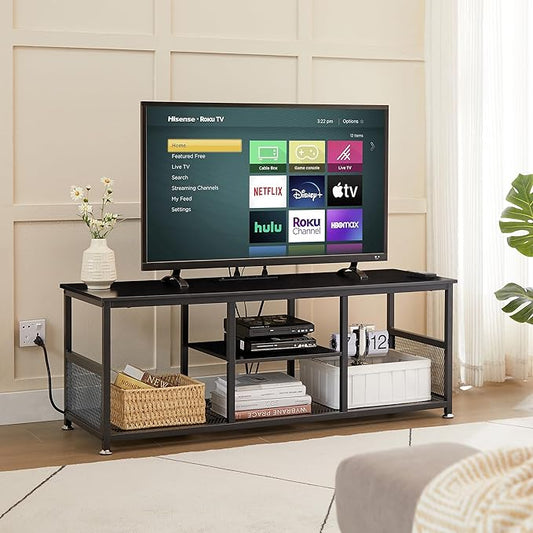 VECELO TV Stand with Power Outlets for Televisions up to 55 Inch, 47" Media Entertainment Center with Charging Station 3-Tier Open Storage Shelves with Metal Frame for Living Room/Bedroom,Black