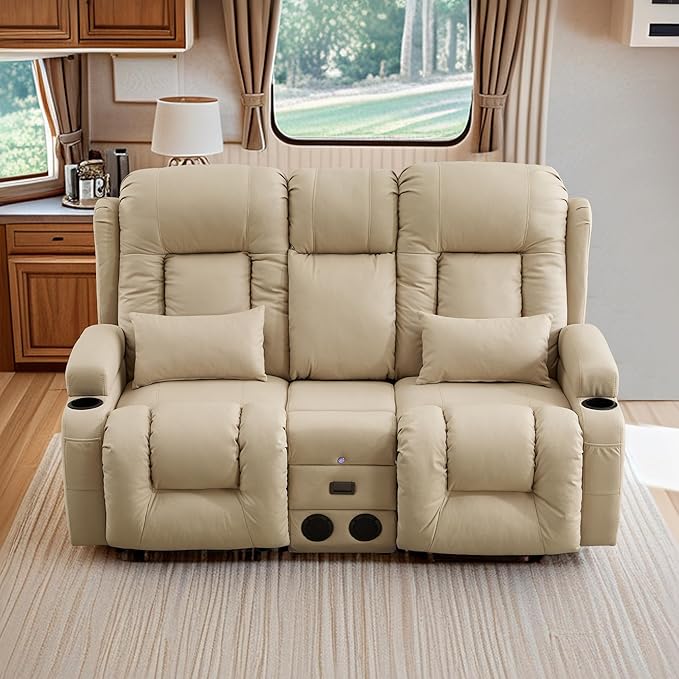 TUNYI Wall Hugger Loveseat Recliner Sofa with Console, Power Reclining Loveseat RV Couch with Massage & Heat/USB/Outlet/Storage/LED Light/Speaker (Beige)