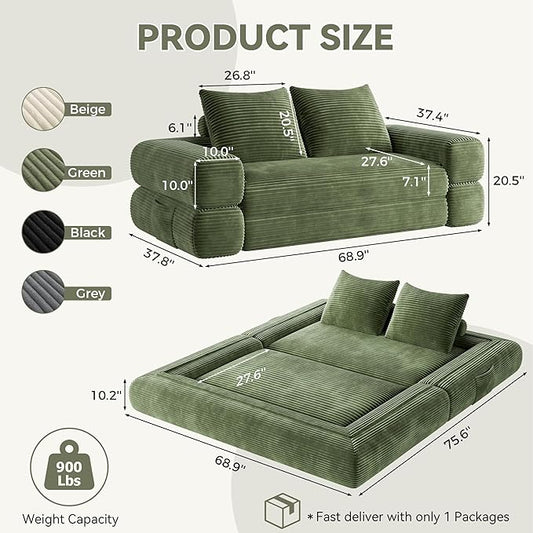 Jocoevol 4-in-1 Convertible Folding Sofa Bed, 68"L x 78"W Queen Size Foldable Sleeper Sofa Bed, Wide Corduroy Upholstery, Boneless Mattress Couch with Armrests & Neck Pillow for Living/Bedroom, Green