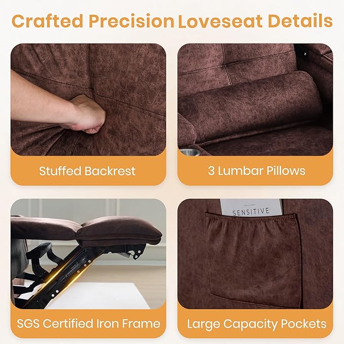 Power Reclining Loveseat with Flip Backrest, Power Loveseat Recliner Sofa with LED Lights, Bluetooth Speaker, 3-Seater Recliner Sofa with Arm/Seat Storage (Brown, Loveseat with Console)