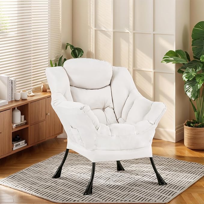 Lazy Chair for Living Room, Modern Accent Chairs with Armrests, Beige Armchairs with Side Pocket, Cozy Lazy Sofa for Reading, Balcony, Bedroom, Dorm, Small Spaces