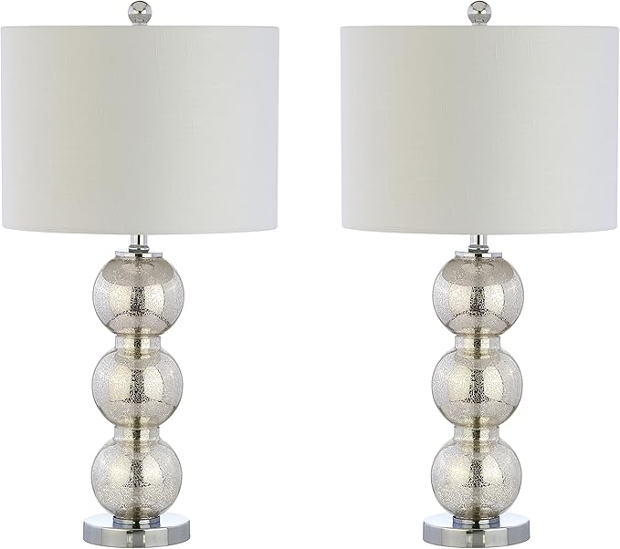 JONATHAN Y 27" Mercury Silver/Chrome Triple-Sphere Glass Table Lamp Set of 2, Bedside, White Linen Shade, Modern Table Lamps for Living Room, Bedroom, Office, LED Bulbs Included (JYL1070B-SET2)