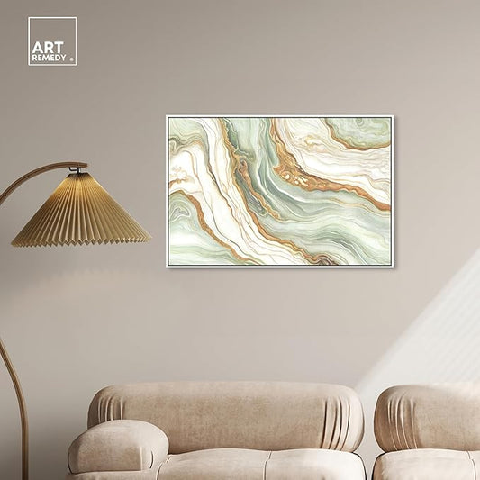 Art Remedy Green And Gold Framed Mineral, Agate & Geode 1 Piece Canvas Wall Art, 37" x 25", White Frame