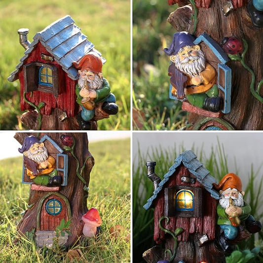 TERESA'S COLLECTIONS 11" Tall Large Garden Statues Gnome Treehouse with Solar Outdoor Light, Dad Gifts for Men,Resin Garden Decor Lawn Ornaments for Patio Yard Decor Gifts for Dad and Mom