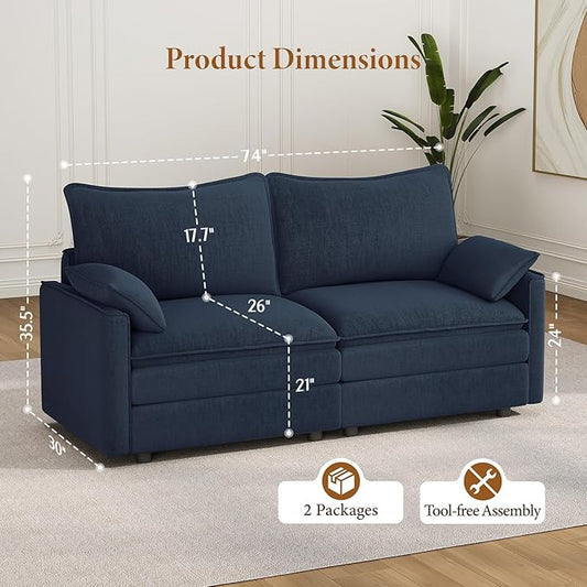 Vesgantti 74" Loveseat Sofa for Living Room, Comfy Cloud Couch Deep Seat Chenille Modern 2 Seater Small Sofa with Armrest Pillow, Easy Assembly for Small Spaces, Blue | Sink-in Comfort, Height Adjustable, Easy Rearrangement, Extra-deep Ottoman, Solid W...
