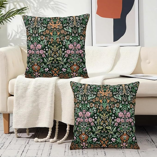 Spring Floral Pillow Covers 18x18 Set of 2 Sage Green Plants Throw Pillows Botanica Vintage Outdoor Decorative Pillowcase for Home Sofa Couch Decor
