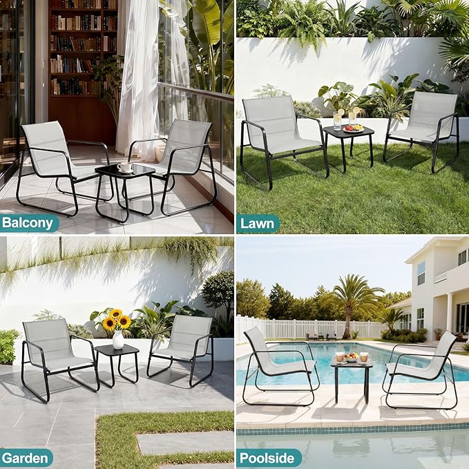 DUMOS 3 Piece Patio Furniture Set,Outdoor Patio Furniture Conversation Set with Table, Patio Sectional Bistro Sets for Lawn, Garden, Balcony, Poolside (Gray)