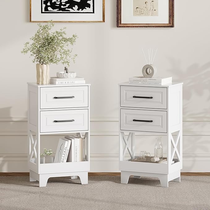 Tall Nightstand Set of 2 Side Table with 2 Drawers Modern Night Stand Wooden End Table Bedside Table with Below Open Shelf Solid Feet for Bedroom White
