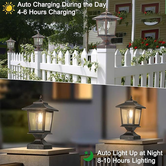 Derynome Solar Post Cap Lights, Waterproof Outdoor Light for 4x4 Wooden Posts, Solar Lights with Glass Shade for Deck Fence Patio Post Decor,Bronze (2 Pack)