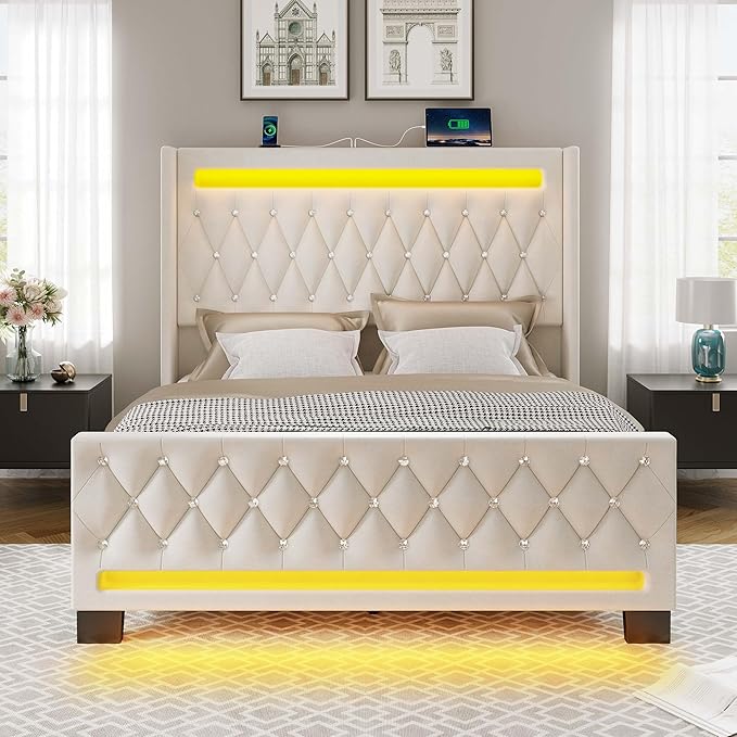 Rolanstar Full Bed Frame with LED Light and Charging Station, Upholstered High Headboard and Footboard, Wood Slats, Noise Free, Easy Assembly, Beige