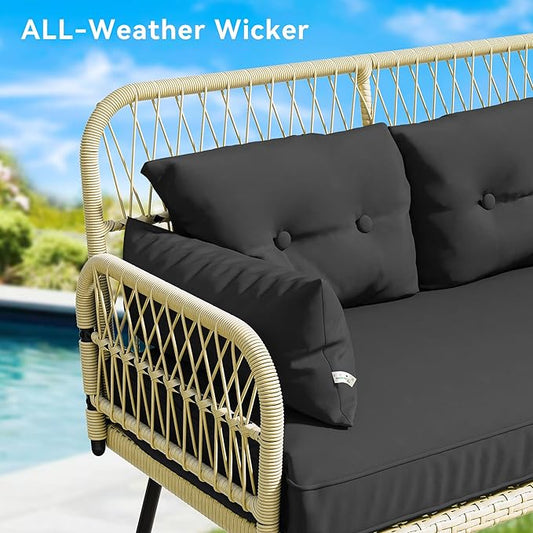 YITAHOME 2-Piece Patio Furniture Wicker Outdoor Loveseat, All-Weather Rattan Conversation for Backyard, Balcony and Deck with Soft Cushions and SideTable (Light Brown+Black)