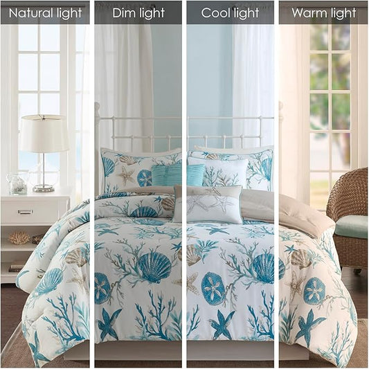 Madison Park Pebble Beach 100% Cotton Comforter Set - Coastal Coral, Starfish Design All Season Down Alternative Cozy Bedding with Matching Shams, Decorative Pillow, King(104"x92") Aqua 7 Piece