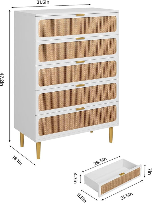 GarveeHome Rattan 5 Drawer Dressers for Bedroom, Tall Dresser with Deep Drawers, Large Chest of Drawers for Closet with Wide Top, Long Wooden Dresser for Living Room, Hallway, Kids Room, White