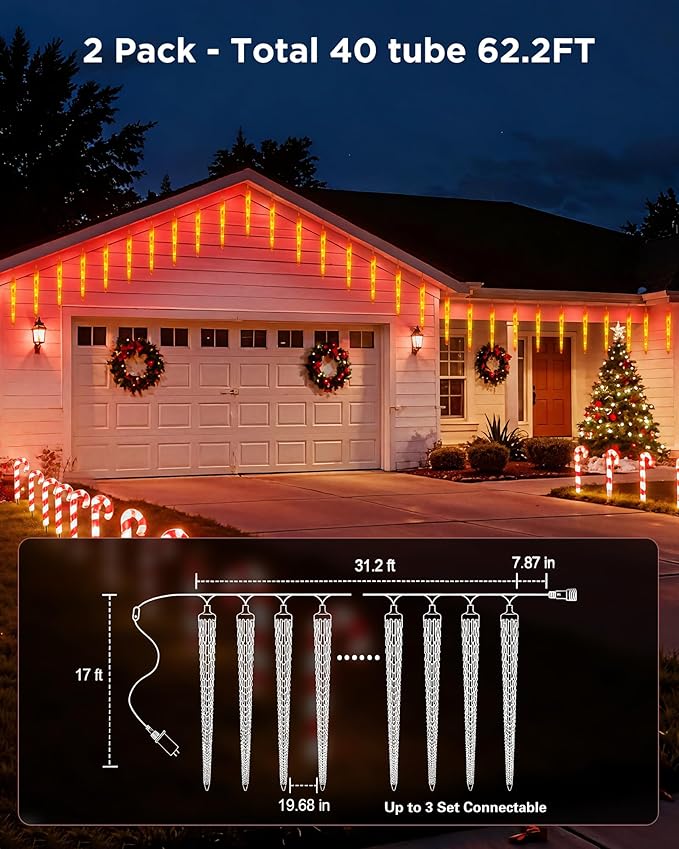 Brightown Smart Icicle Lights for Outside, 62.4ft with 40 Tubes 200 LED Color Changing Icicle Christmas Lights Decoration, APP Controlled Customize Display DIY Dynamic Waterproof Connectable